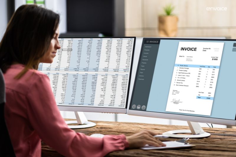 Professional reviewing digital invoices and spreadsheets on dual monitors, showcasing efficiency in transitioning to paperless accounts payable processes.