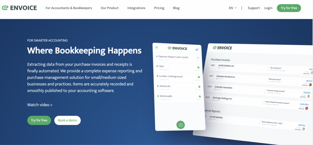 Screenshot of Envoice's hompage