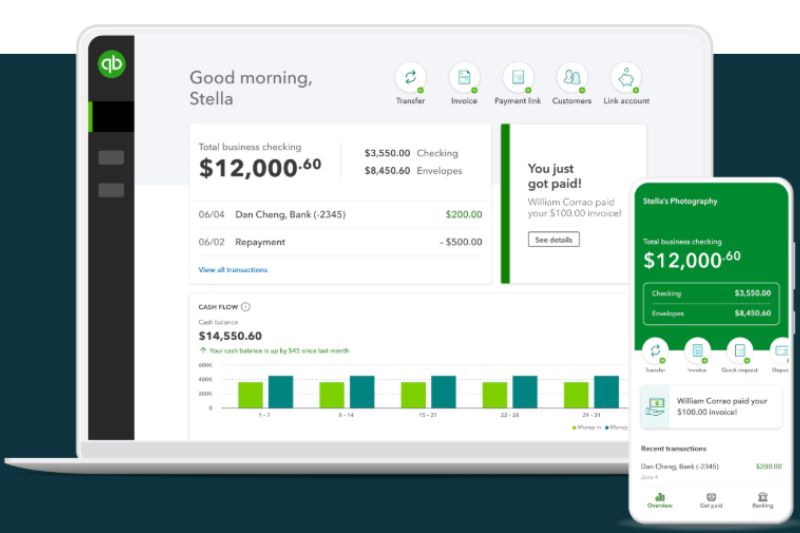 QuickBooks Essentials vs Plus dashboard comparison showing cash flow, invoices, and transactions on desktop and mobile screens