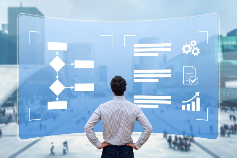 man looking at a flowchart