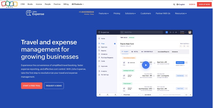 Screenshot of the Zoho website homepage