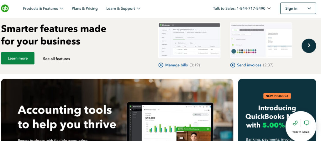 Screenshot of the QuickBooks Online website homepage.