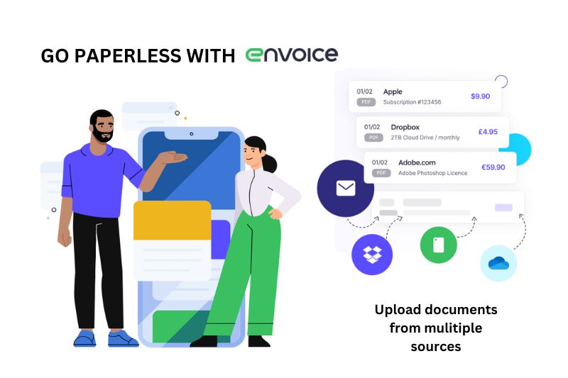 Envoice web page showing document uploads from multiple sources