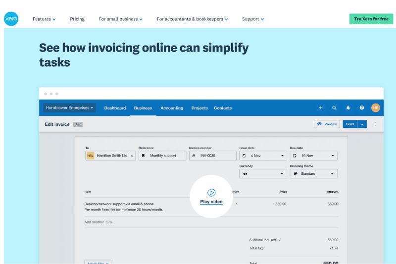 Screenshot for Xero invoicing page