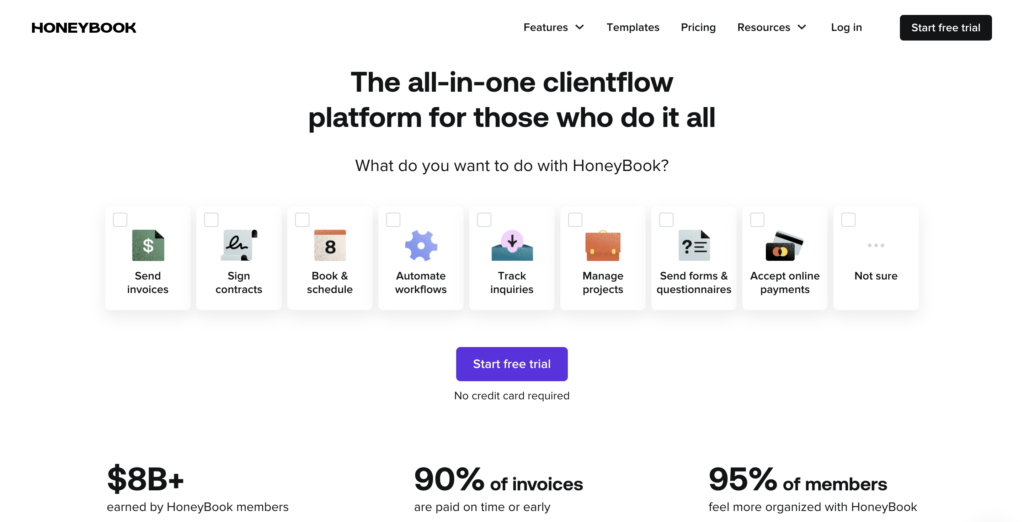 Screenshot for HoneyBook website homepage