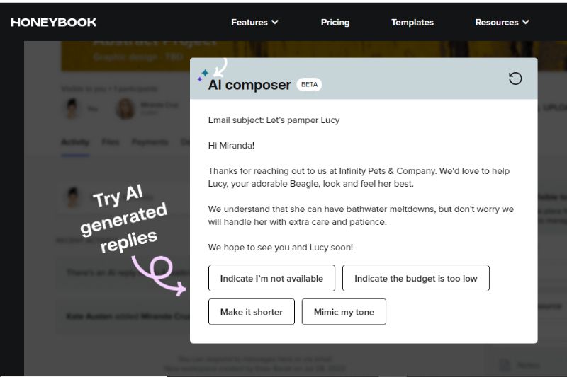 Screenshot for HoneyBook AI website