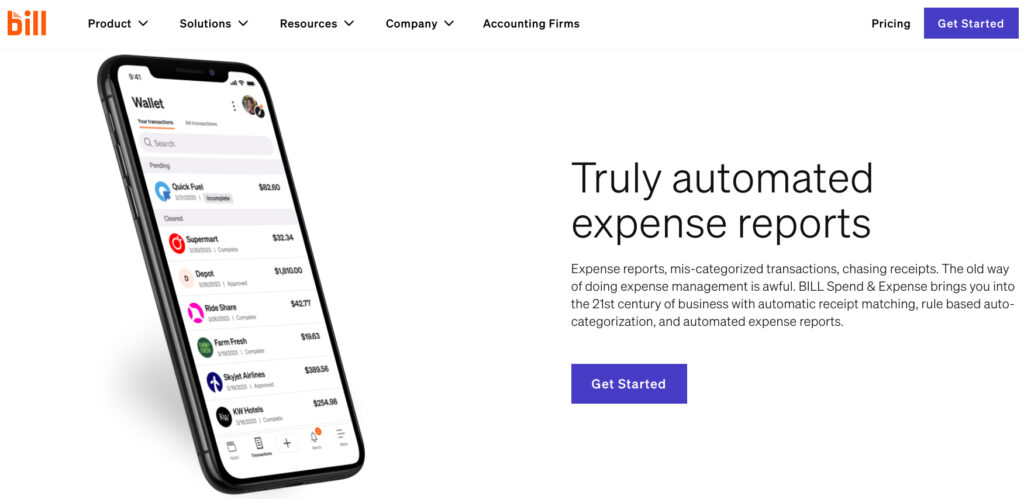 Screenshot for Bill website expense management page