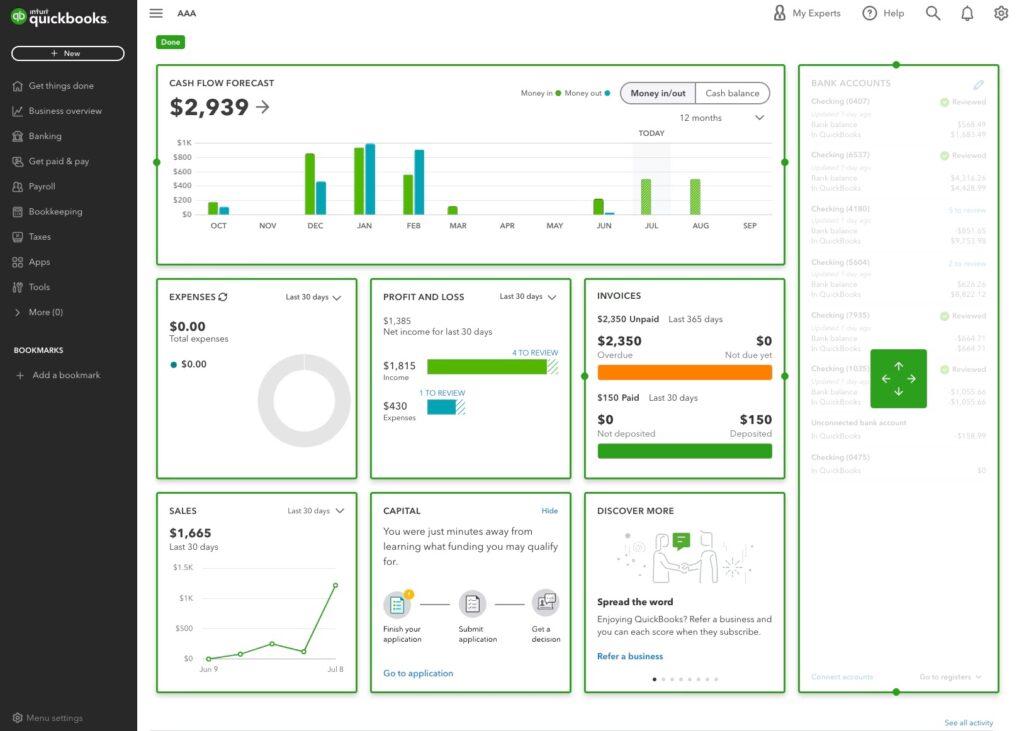 Screenshot for QuickBooks Online website user dashboard