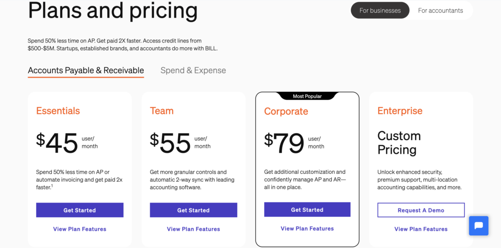 Screenshot for bill website page showing pricing plan 