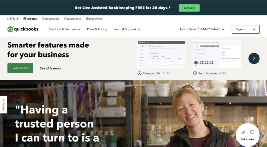 screenshot for quickbooks website