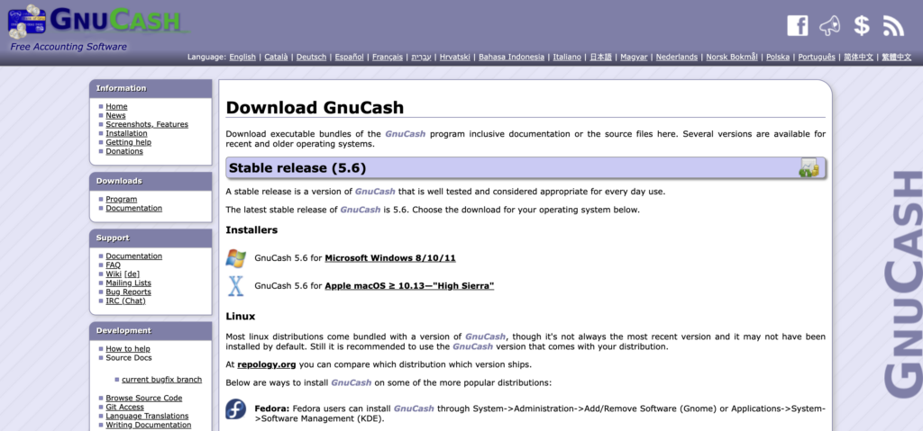 screenshot for gnucash website downlaod page