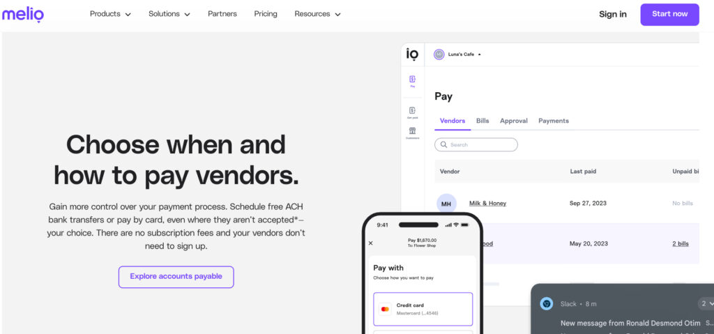 screenshot for Melio website 