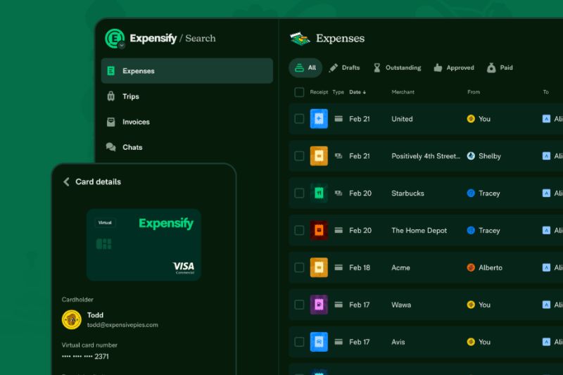 Expensify dashboard showing expense tracking and virtual card, highlighting features