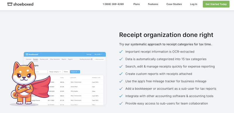 shoeboxed.com screenshot showing scan receipts categorize