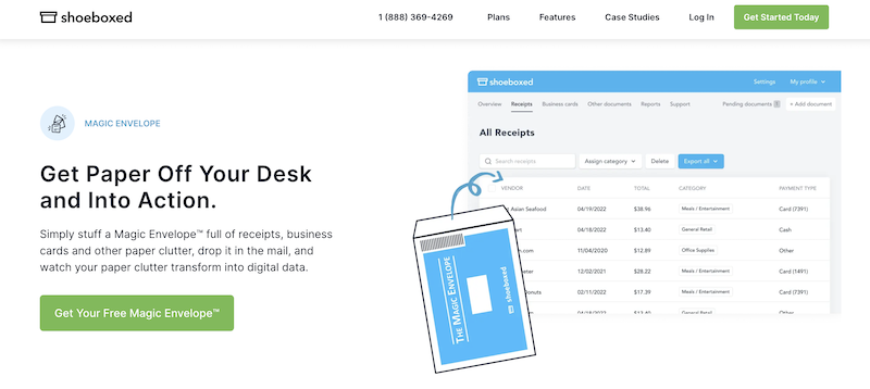 screenshot showing Shoeboxed’s Magic Envelope document processing tool