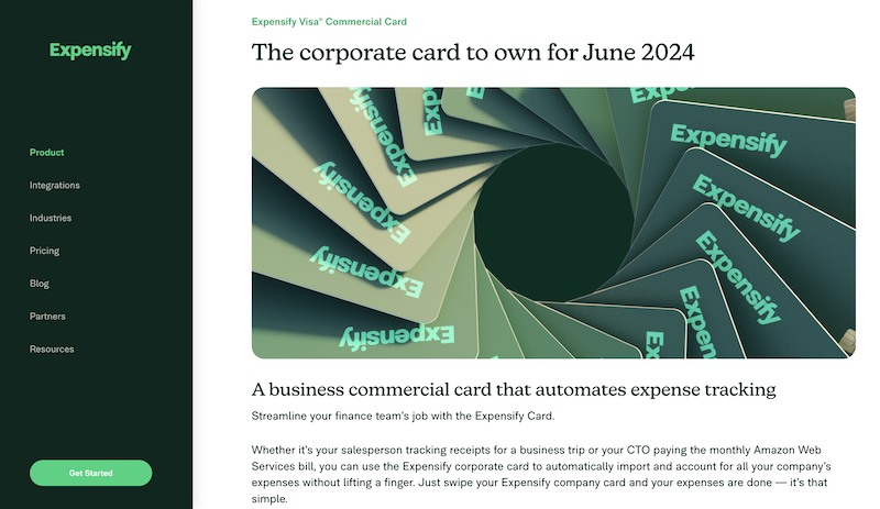 Screenshot for Expensify website display Expensify Card product page