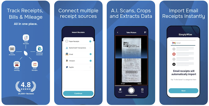 Screenshot displaying SimplyWise Receipt Scanning App