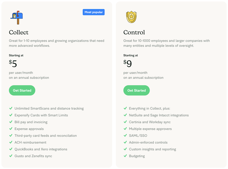 Screenshot for Expensify pricing tiers