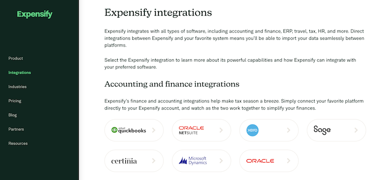 Screenshot for expensify integration page