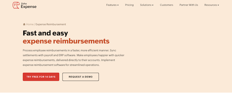 screenshot for Zoho Expense reimbursements online page through ACH via CSG Forte (US and Canada users only)