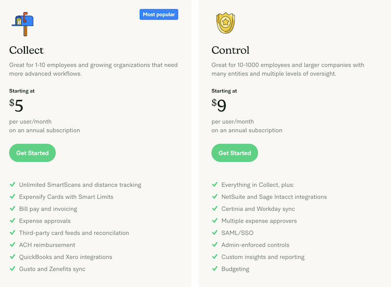 screenshot for Expensify pricing tiers