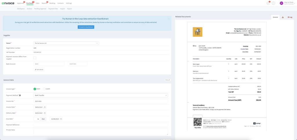 Screenshot for Envoice ExactExtract page