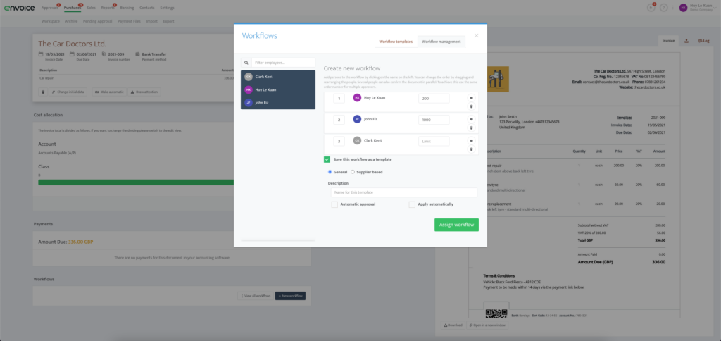 Screenshot for Envoice approval workflow page
