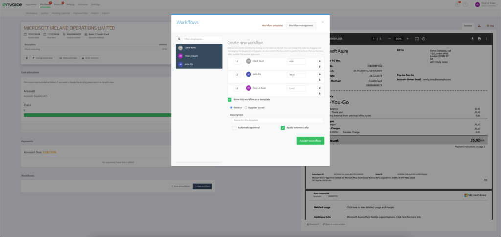 sreenshot for Envoice website workflow page