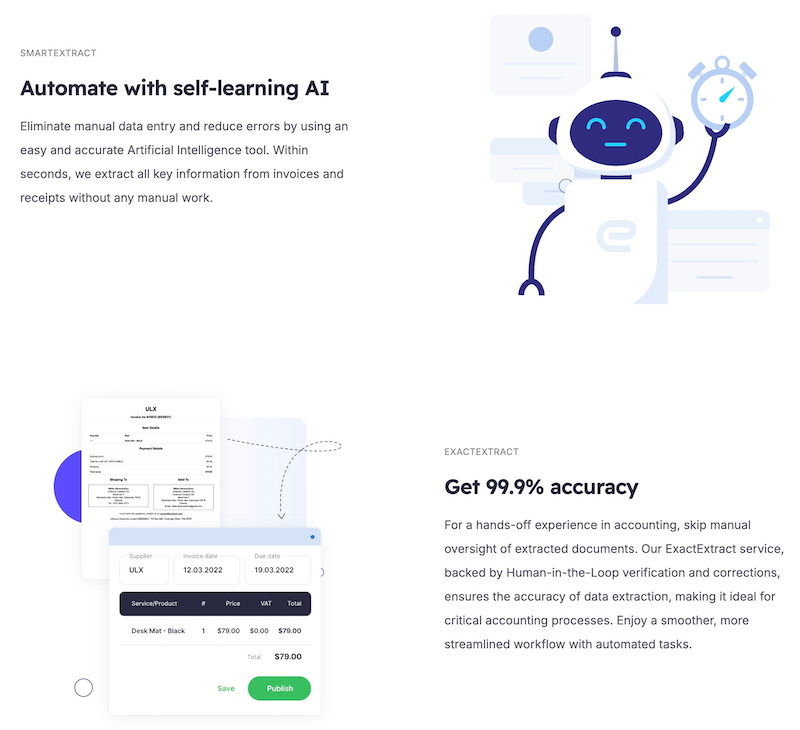 Illustration showcasing an AI-powered tool that automates data extraction from invoices and receipts, emphasizing 99.9% accuracy and eliminating manual entry errors