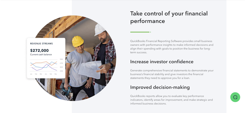 A screenshot of the QuickBooks Online dashboard, showing a financial overview with data on revenue streams, current cash balance, and key performance indicators. 