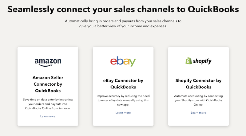 A screenshot of the QuickBooks Online integration options, showcasing three major e-commerce platforms: Amazon, eBay, and Shopify.