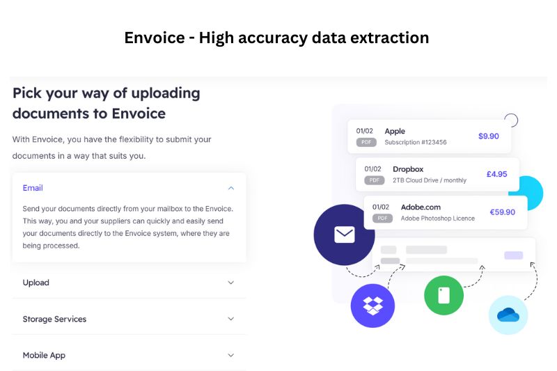 A screenshot of the Envoice website showing the different ways to upload documents for data extraction