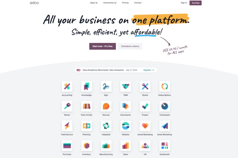 A promotional landing page for Odoo, showcasing it as a versatile alternative to QuickBooks.