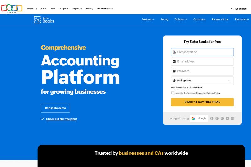 A promotional landing page for Zoho Books, a comprehensive accounting platform showcasing Zoho Books as a strong alternative to QuickBooks.