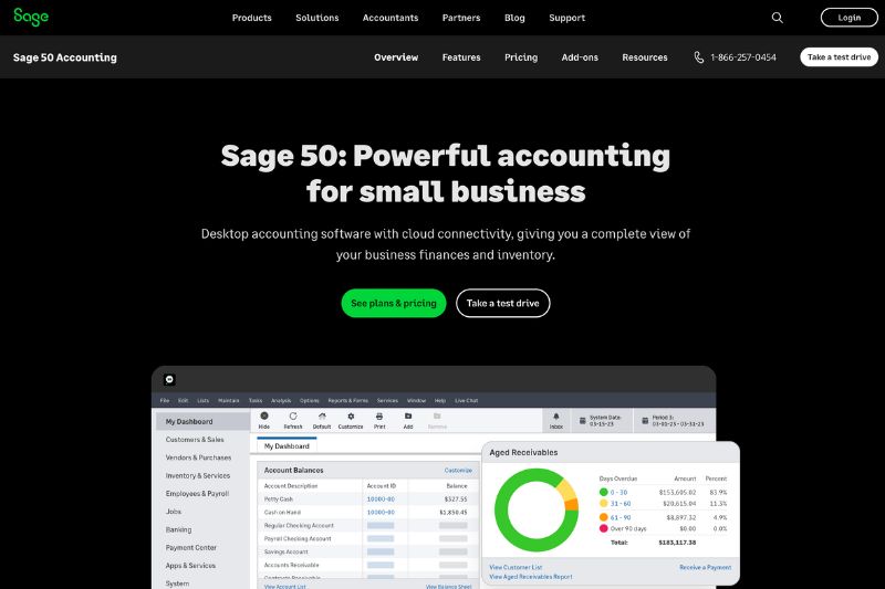 A promotional webpage for Sage 50 Accounting, presenting Sage 50 as a competitive alternative to QuickBooks.