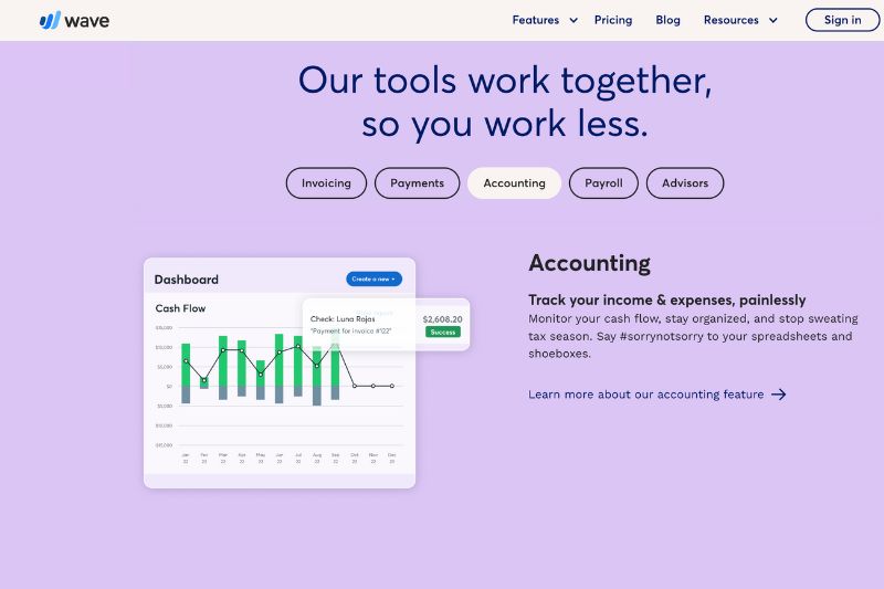 A promotional page for Wave, highlighting its features positioning Wave as a user-friendly alternative to QuickBooks.