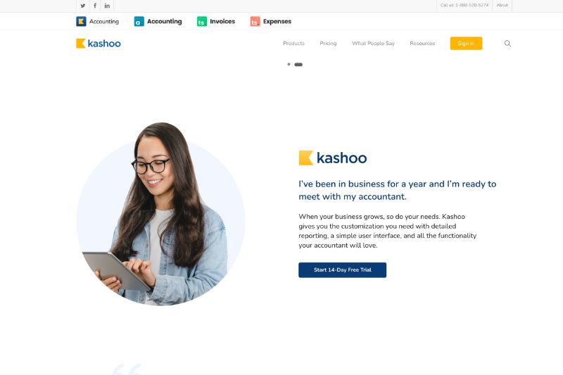 A promotional webpage for Kashoo, an accounting software solution showing Kashoo as a practical alternative to QuickBooks.