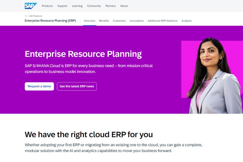 A promotional page for SAP, an enterprise resource planning (ERP) solution showing SAP as a powerful alternative to QuickBooks.