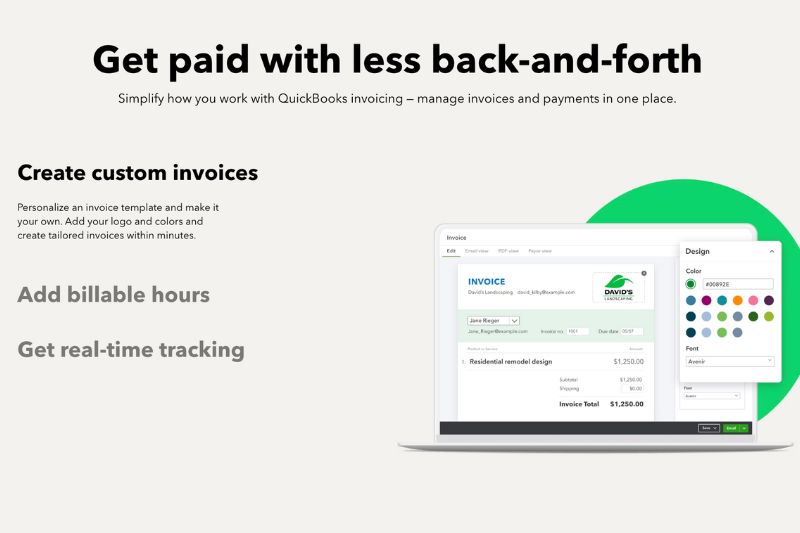 A screenshot of QuickBooks invoicing software showing a laptop screen with an open invoice.