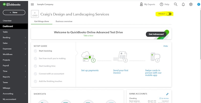 A screenshot of the QuickBooks Online dashboard for a small business named Craig's Design and Landscaping Services