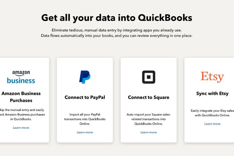 A screenshot showing how to import data into QuickBooks Online from popular platforms like Amazon Business, PayPal, Square, and Etsy.