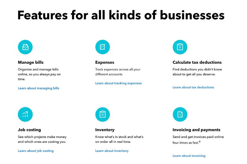 A graphic showcasing the various features of QuickBooks, including bill management, expense tracking, tax deduction calculation, job costing, inventory management, and invoicing and payments.