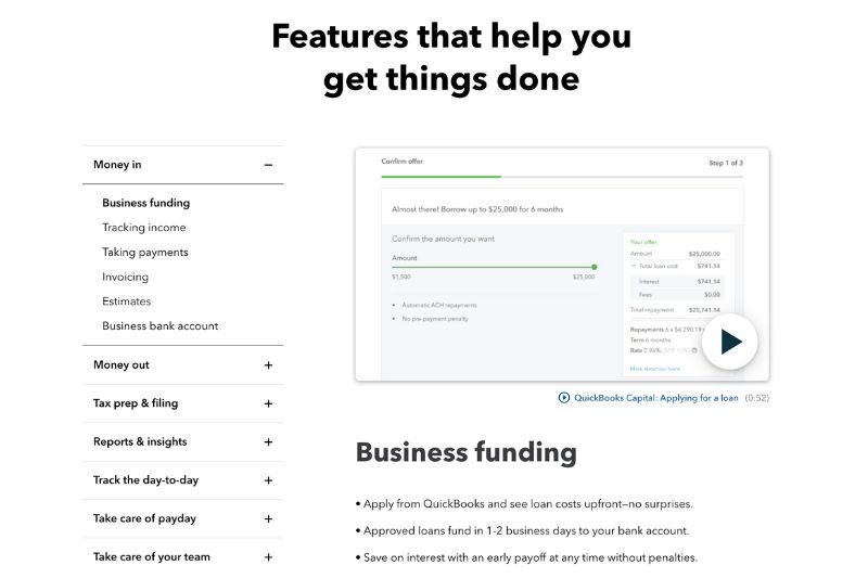 A screenshot of the QuickBooks Online dashboard, showing a section titled "Features that help you get things done."