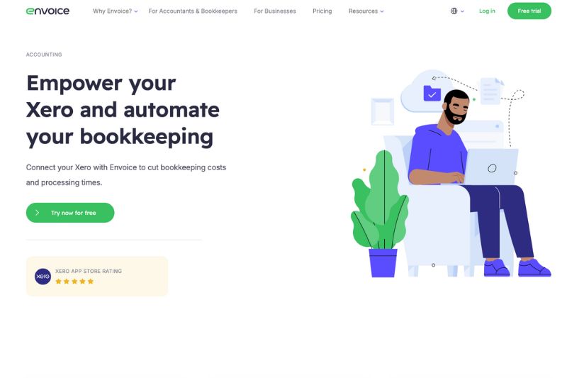 A webpage screenshot for Envoice, a third-party app for Xero, featuring the headline "Empower your Xero and automate your bookkeeping."