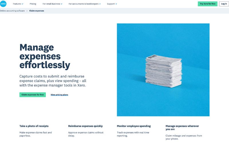 A screenshot webpage for Xero’s highlighting expense management features with the headline "Manage expenses effortlessly."