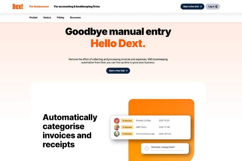 A screenshot for Dext website promoting , a third-party app for automating bookkeeping tasks like categorizing invoices and receipts.