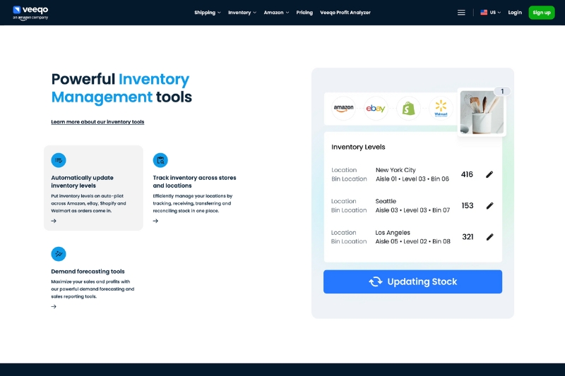 A screenshot of the Veeqo Inventory Management tool, which shows a dashboard with inventory levels, location information, and a button to update stock.