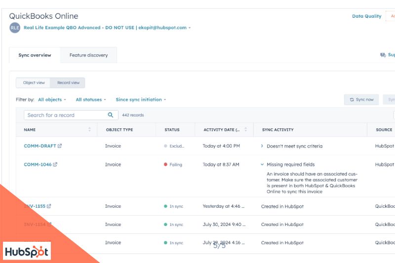 A screenshot of the QuickBooks Online integration with HubSpot