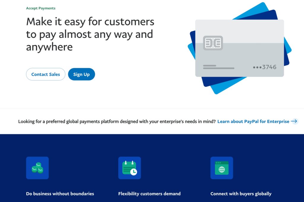 A screenshot of the PayPal homepage, showcasing its payment processing capabilities.