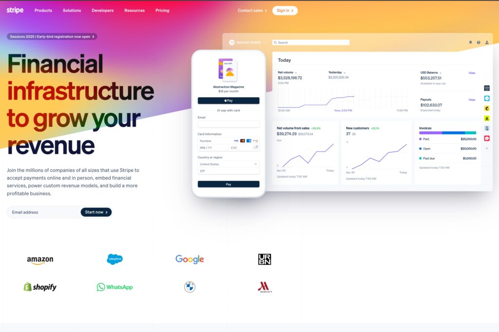 A screenshot of the Stripe website, showcasing its financial infrastructure solutions for businesses. 